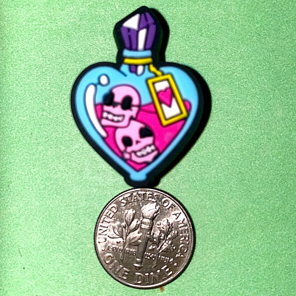 (10 for $15) Heart Shape Love Potion bottle with 2 Skulls Crocs Shoe Charms - Picture 1 of 2